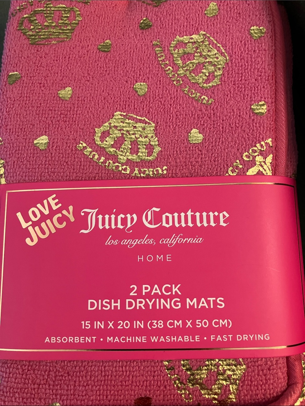 ✨Juicy Couture 2 pk dish drying mats hot pink gold crowns hearts logos NIP NWT - Picture 8 of 8